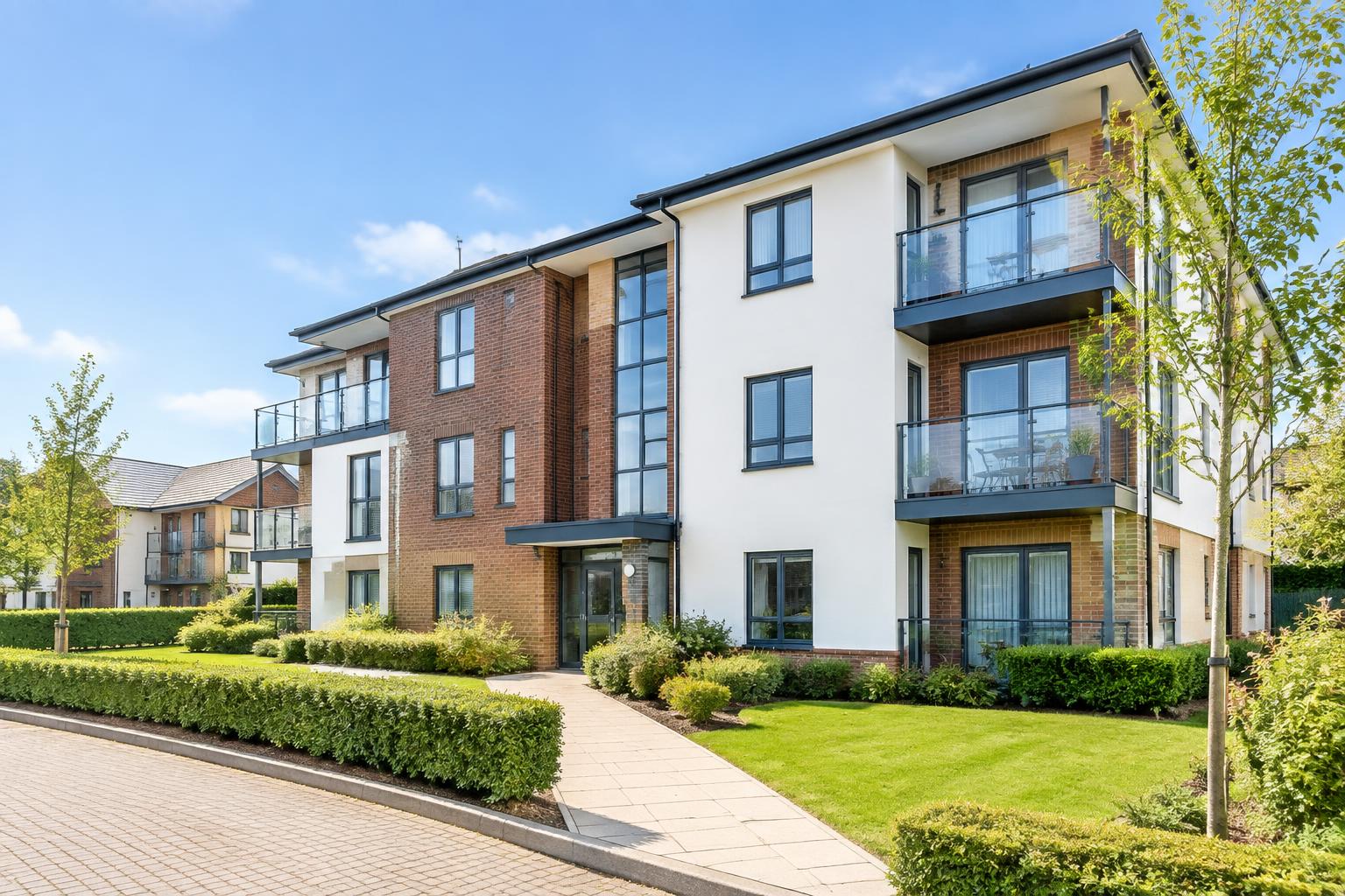 Well-maintained residential block of flats with tidy landscaping